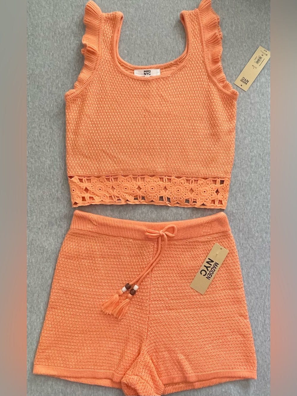 Madden NYC Size Large 11-13 Peach Crochet-Trim Knit Tank & Shorts Set NWT